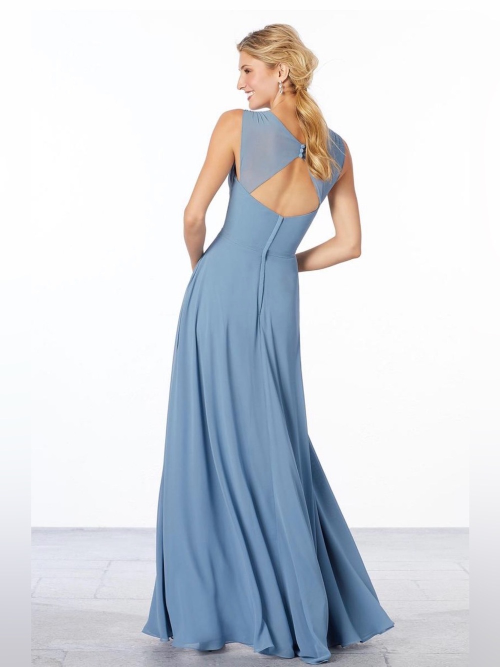 Mori Lee Dusty Blue V-Neck Maxi Gown with Slit 21661 - Picture 3 of 3